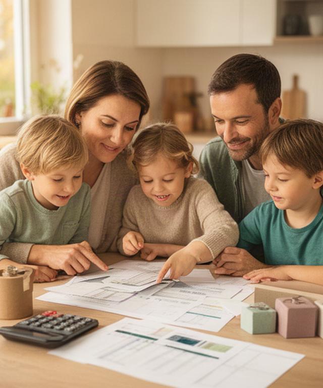 Familie mit zwei Kindern am Küchentisch in Grenchen, mit Budgetunterlagen und Sparzielen für die Ausbildung